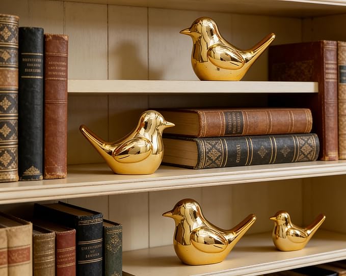 Small Gold Bird Statue Ceramic 2-Piece Set, 3¾ inch Cute Knick Knack for Home Office Shelf Desk Decor