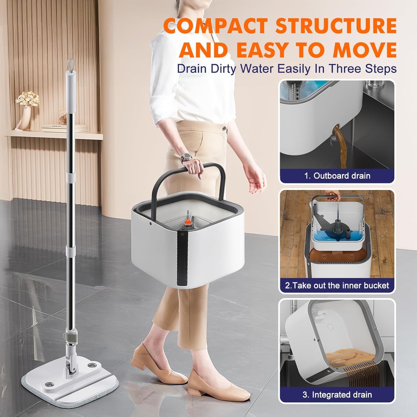 Upgraded Spin Mop and Bucket Self-Standing Mop Bucket Separate Dirty and Clean Water System Self Wringing 360° Rotating Clean Mop and Bucket Set (Light Gray, 10Pads Mop and Bucket Set)