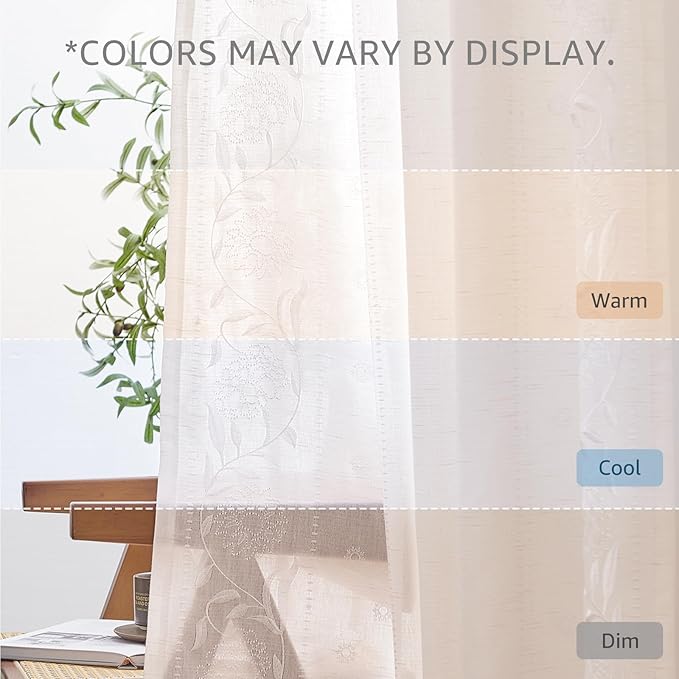 jinchan Winslow Linen Curtains for Bedroom 63 Inches Length Embroidered Bordered Floral Curtains for Living Room Farmhouse Decor Light Filtering Window Treatments White on White Drapes 2 Panels