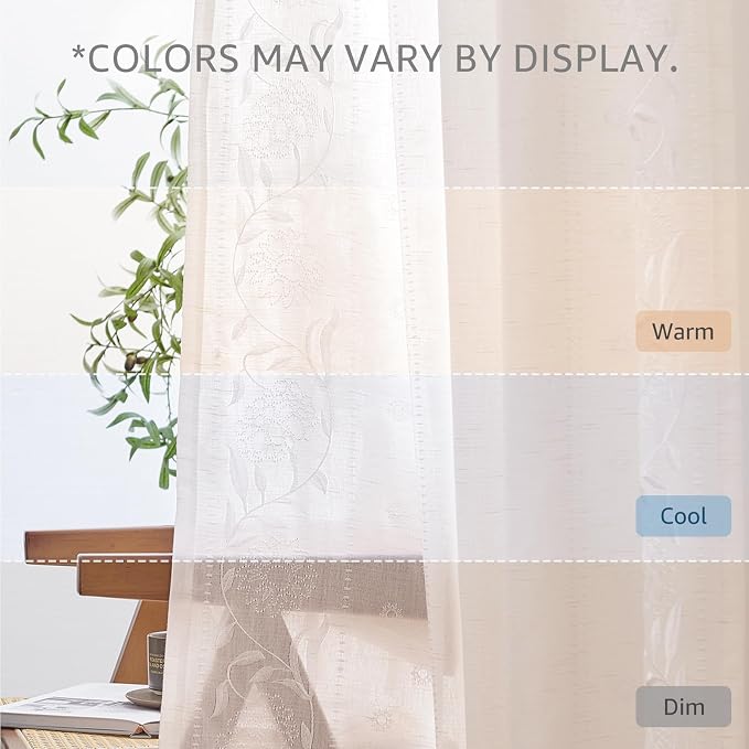jinchan Winslow Linen Curtains for Bedroom 96 Inches Length Embroidered Bordered Floral Curtains for Living Room Farmhouse Decor Light Filtering Window Treatments White on White Drapes 2 Panels