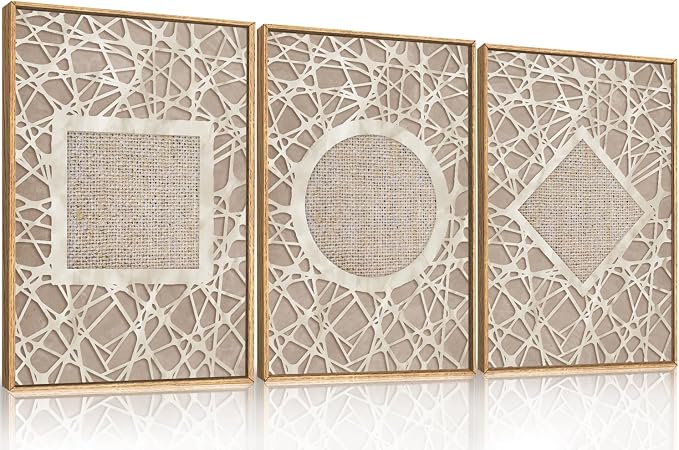 Large Abstract Boho Neutral Shapes Framed Canvas Wall Art,Modern Geometric Circle Square Rhombus Wall Decor,Mid Century Artwork for Living Room,Bedroom,Office-16 x24 x3