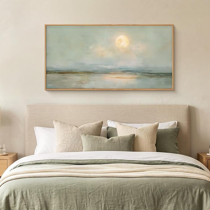 LHIUEM Large Abstract Moon Green Framed Canvas Wall Art Set,Minimalist Beige Gray Wall Decor, Nature Lake Landscape Art Painting for Living Room,Bedroom,Dining Room,Office - 20"x40"x1