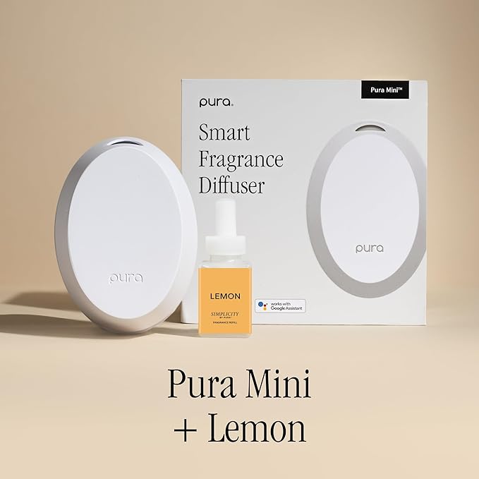 Pura Mini Smart Fragrance Diffuser for Small Spaces Adjustable Smart Home Device with LED Light & Automatic Vial Detection - Includes 1 Scent Refill - Lemon