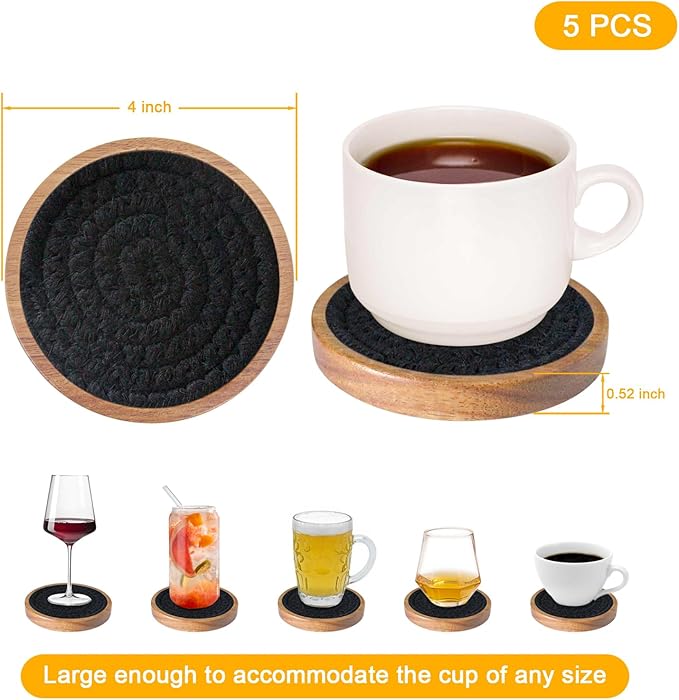 Eykao Drink Coasters Set of 5, Coasters for Drinks Absorbent, Wood Coasters for Coffee Table, Housewarming Gift for Farmhouse Home Decor,4 inches (Black)