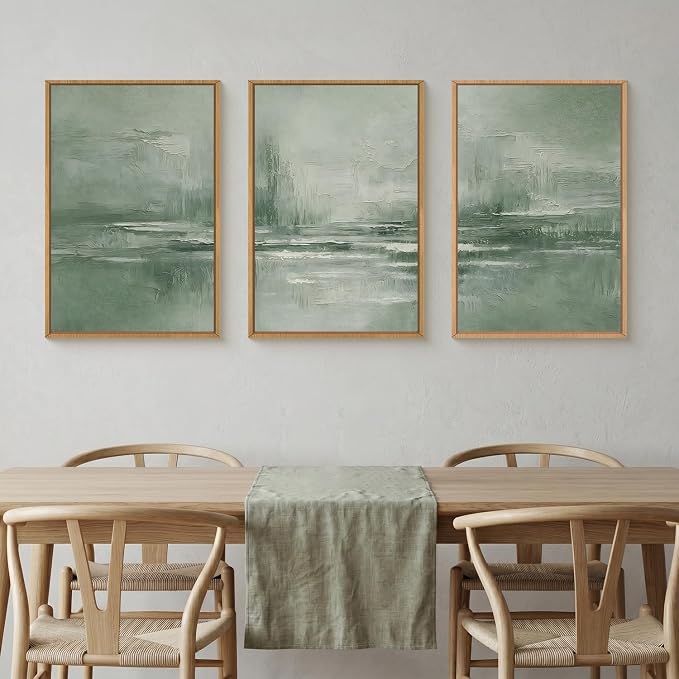 HPNIUB Large Abstract Sage Green Framed Canvas Wall Art Set,Vintage Neutral Brush Stroke Wall Decor, Minimalist Lake Landscape Artwork for Living Room,Bedroom,Office-16 x24 x3