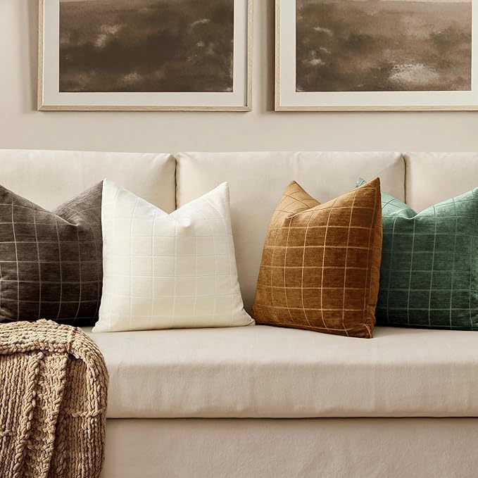 MIULEE Decorative Chenille Check Throw Pillow Covers Vintage Plaid Couch Pillows 18x18 Inch Set of 2 Neutral Boho Cushion Covers Modern Spring Home Decor for Sofa Bed Living Room Moss Green