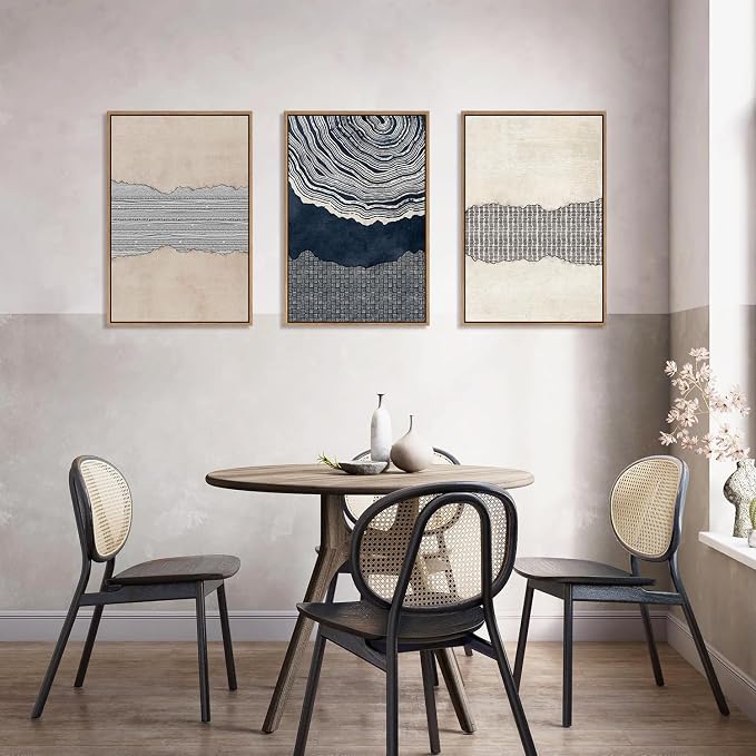 LHIUEM Large Abstract Navy Blue Beige Framed Canvas Wall Art,Modern Tree Rings Shapes Wall Decor,Neutral Retro Wooden Artwork for Living Room,Bedroom,Dining Room,Office -16"x24"x3