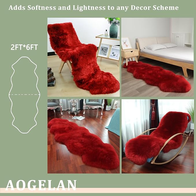 AOGELAN Red Genuine Sheepskin Rug, Fuzzy Fluffy Shaggy Fur Soft Area Rug for Soft Fuzzy Plush Bedroom Living Room Fur Wool Pray Pup Cushion, Chair Sofa Seat Cover(Red, 2 Pelt)