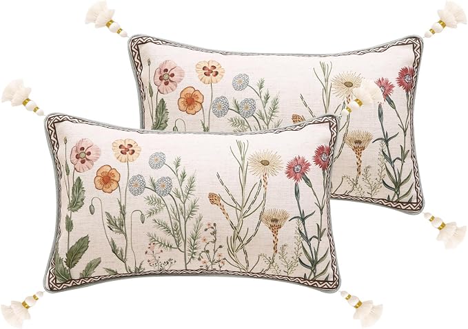 ISAENNE Designer Linen Throw Pillow Cover,Set of 2,20"x12"-Serenity D | French Elegant Rectangle Decor Pillow Cover,Concealed Zipper Design,Light Beige,Sofa,Bedroom,Living Room,Chairs