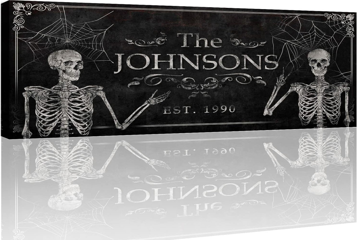 Tailored Canvases Gothic Family Wall Decor - Personalized Grunge Vintage Skeleton Room Decor for Home, Halloween Lovers, Men & Women for Bedroom, Living Room - Custom Couple Name, White Print, 48"x16"