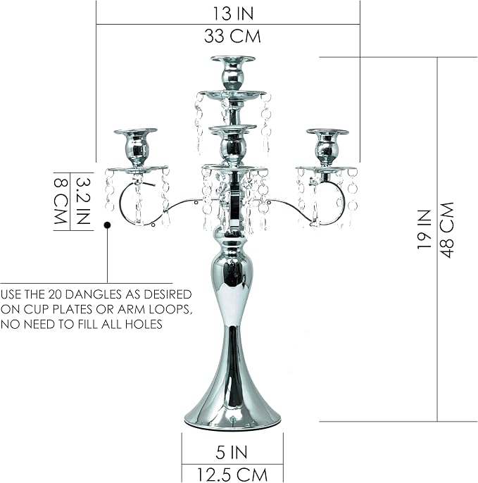 Allgala Silver Candle Holder 19" 5-Arm Silver Chrome Plated Taper Candle Holder Candlestick Candelabra