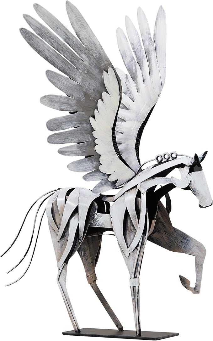 SunBlogs Art Horse Statue Décor Artwork, 24" H Handmade Metal Pegasus Greek Flying Horse Sculpture, Hand-Painted Animal Figurines for Home Living Room Office (Vintage White with Wings)