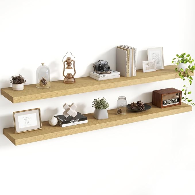 Acovy 55 Inch Floating Shelves, 8 Inch Deep Floating Shelves for Wall, Hanging Shelf with Invisible Brackets, Deep Shelves for Bathroom, Bedroom, Living Room, Oak, Set of 2