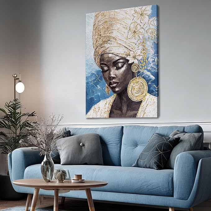 Dolidoteart Blue Gold Black Woman Wall Art, African American Canvas Print Wall Decor for Living Room Bedroom Office, Modern Portrait Artwork, 24x36 Inch