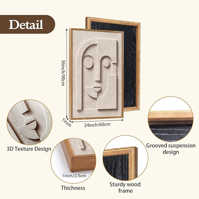 CHDITB 3D Textured Abstract Geometric Relief Sculpture Framed Canvas Wall Art Set, Neutral Earth Tone Minimalist Wall Decor, Modern Art Prints for Living Room Hallway Bedroom Home Decor 24"x36"x3
