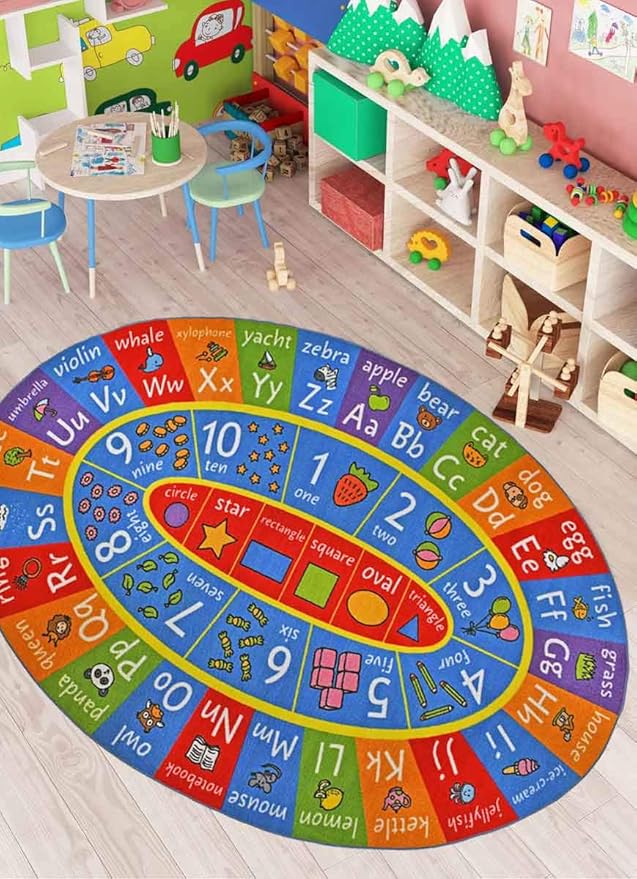 KC Cubs Educational Kids Rug – ABC Alphabet, 123 Numbers & Shapes Learning Mat – Soft Interactive Carpet for Classroom, Playroom & Bedroom 8x10 Oval