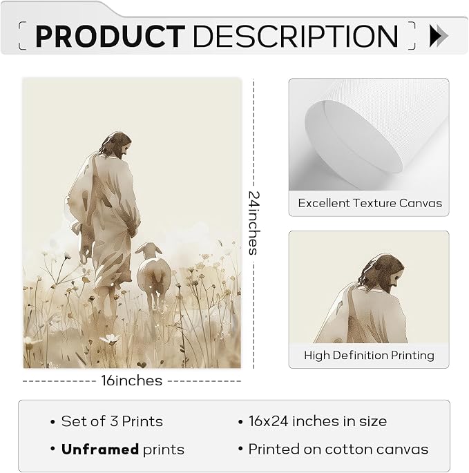 Jesus Leaves the 99 Sheep Wall Art Christian Canvas Poster Jesus and Lamb Wall Decor Religious Pictures Lost Sheep Painting God Christ Painting Artwork for Bedroom Living Room 16x24x3 Inch Unframed