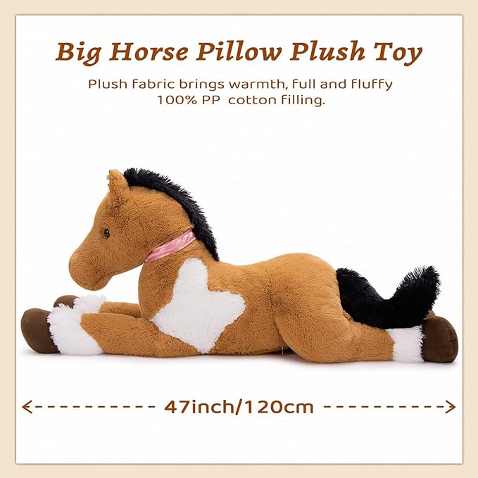 MaoGoLan Large Horse Stuffed Animal, Big Horse Plush Toy for Girl Boy, Ridable Stuffy Pony for Kid, Stuffed Pony Plush Pillow for Baby Shower, Easter Birthday Gifts, Party Favor Decor, 47 inches