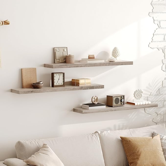 RALGEND Floating Shelves for Wall, 1.5" Thick Wall Shelf Set of 3 with Invisible Brackets, L39.4 x W7.9 Hanging Book Shelves Farmhouse Home Decor for Bathroom, Living Room, Bedroom, Greige 10301BJP3BG