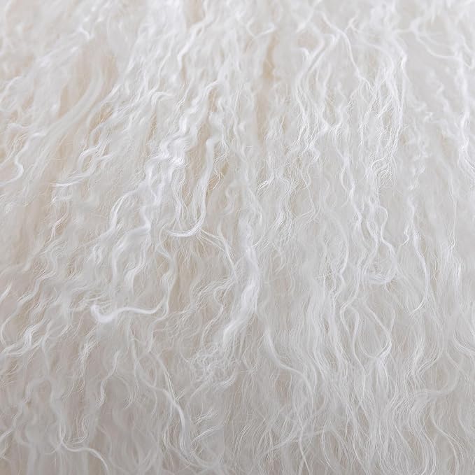 Real 100% Tibetan Mongolian Lamb Sheepskin Wool Fur Throw Pillow Covers White 24x24 Inch, Super Soft Plush Leather Accent Pillowcase Decorative Cushion Cover for Living Room Bedroom