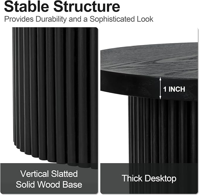 Modern Side Table, 16.93" Fluted Round Pedestal Table for Living Room, Bedroom, Entryway, Sofa, Chair – Black Accent Table with Solid Wood Strips End Table