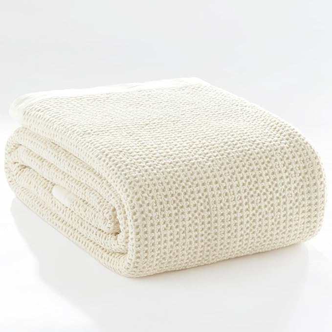 PHF Stone Washed 100% Cotton Waffle Blanket, Vintage Deep Honeycomb Texture, Breathable Thermal Blanket for Bed & Home Decor, All Season Layering - King, Undyed/Raw