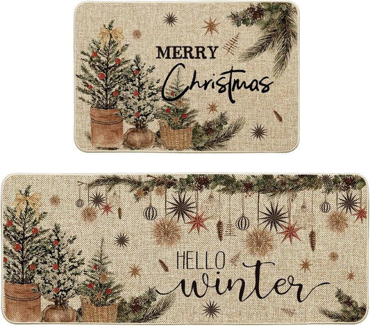Artoid Mode Holly Ornament Merry Christmas Kitchen Mats Set of 2, Winter Home Decor Low-Profile Kitchen Rugs for Floor - 24x35 and 24x59 Inch
