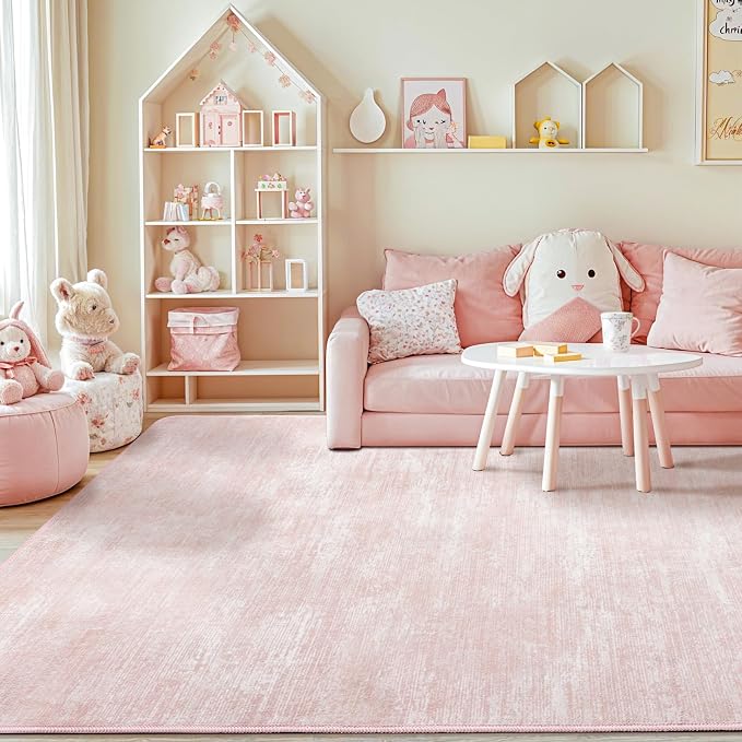 LIANLAM 10x12 Washable Rug, Pink Solid Area Rugs for Living Room & Bedroom | Stain-resistant & Non-slip backing,Low Pile Washable Large Carpet, Solid Vintage Style For High Traffic Areas(10x12,Pink)