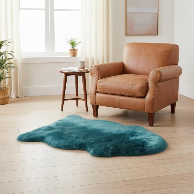 Super Area Rugs Beach Blue Genuine Sheepskin Rug 2x3 ft, Real Fluffy Single Pelt Fur Accent Rug for Chair, Seat Cover, Nursery & Home Decor, Natural & Soft Shaggy Throw