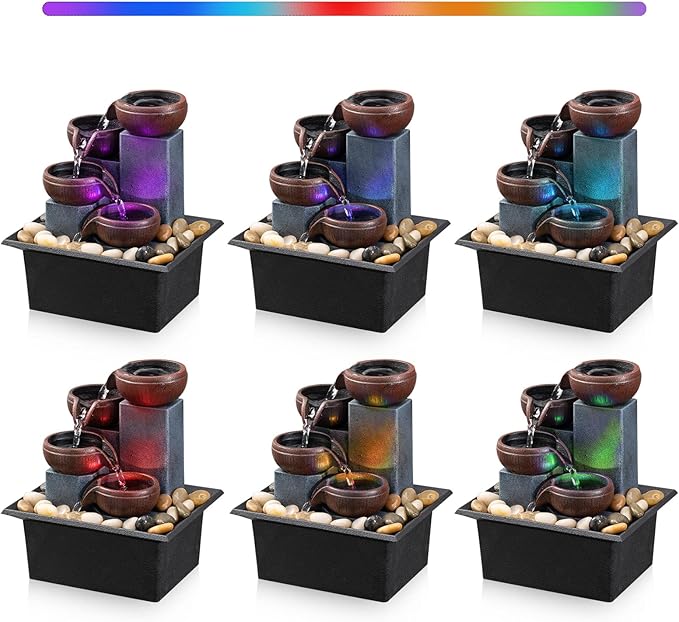 Tabletop Fountain 4 Level Small Waterfall Fountain Indoor Relaxing Water Feature Meditation Fountain for Home Office Bedroom Decoration Including LED Lighting Natural Rocks as Festival Gifts