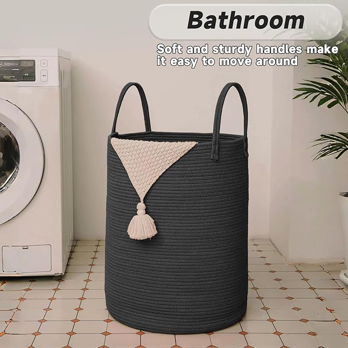 JMvicyroam Large Woven Laundry Basket Hamper,60L Cotton Rope Storage Bin for Blankets,Toys and Clothes,Decorative Tall Nursery Hamper for Living Room,Baby Nursery,Bathroom and Bedroom,Black