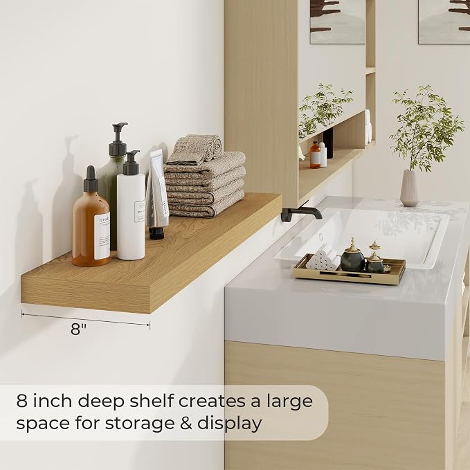 Dreamland 36Inch Floating Shelves 8" Deep Wall Mounted Set of 2 Oak | Wall shelves for bathroom, bedroom, kitchen, deep wall mount wood storage display for home decor 36" x 8"