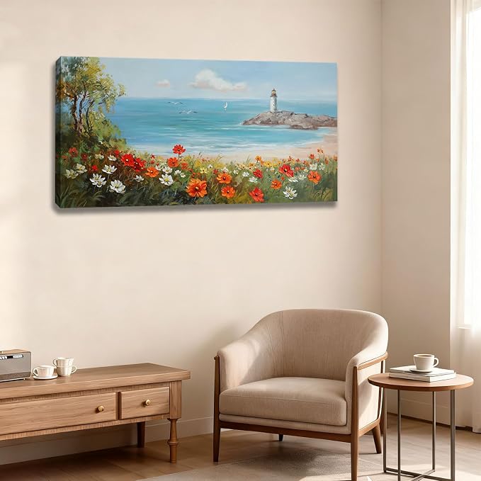 Ardemy Lighthouse Framed Canvas Wall Art for Living Room Blue Ocean Painting Seascape Landscape Coastal Picture Textured Bedroom Artwork Home Office Wall Decor, Large 48"x24"