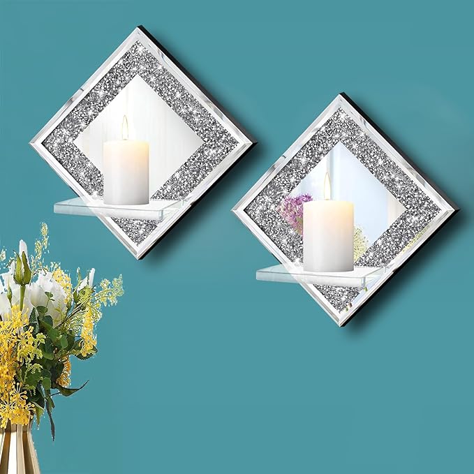 ZOLAPI Crystal Crush Diamond Wall Candle Holder Set of 2, Diamond Silver Mirrored Candle Sconces, Home Wall Decoration for Living Room, Dining Room & Bedroom.
