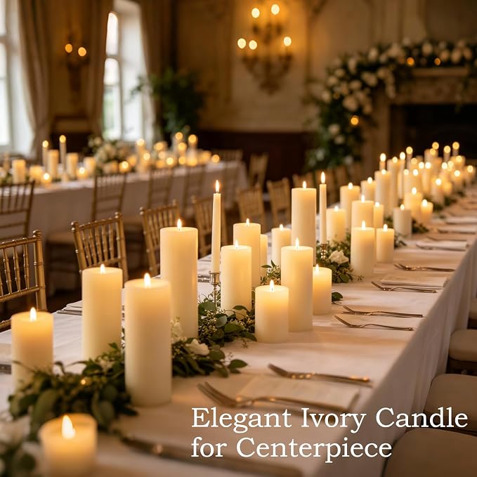 Ivory Pillar Candles – 2.8x4 Unscented Candle Set of 12 – Dripless, Smokeless, and Clean Burning Household Large Decorative Table Candles – Perfect for Weddings, Parties, Dinners