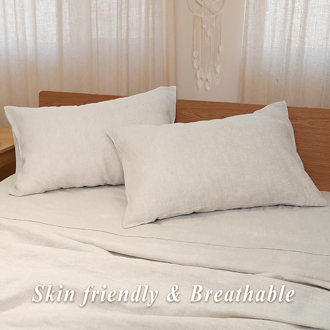 Linen Pillow Cases Queen Size Set of 2, 100% French Flax Linen Pillowcases Breathable Washed Pillow Covers with Envelope Closure for Cooling Sleep Bedding Gift(Natural Linen,20x30)
