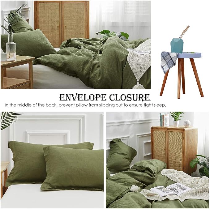 Simple&Opulence 100% Linen Duvet Cover Set 3pcs Basic Style Natural French Washed Flax Solid Color Soft Breathable Farmhouse Bedding with Button Closure - Olive Green, King