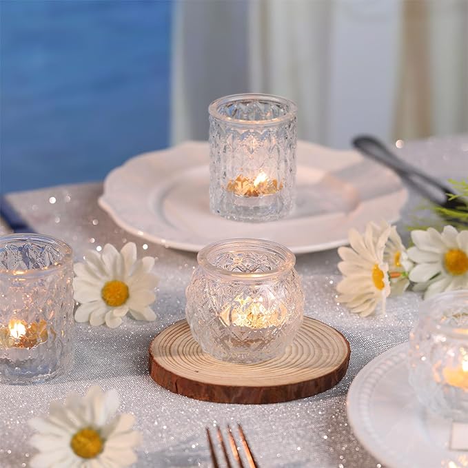 DARJEN Clear Votive Candle Holders Set of 24- Round Glass Candle Holders Bulk for Tea Light Candle, Embossed Candle Votives for Wedding Centerpiece, Various Parties & Home Decor