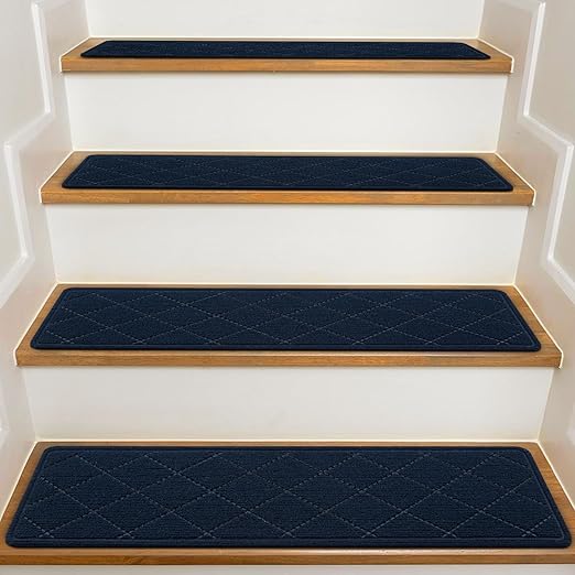 Stair Treads for Wooden Steps Indoor, 7 Pack 8" X 30" Non Slip Carpet Stair Treads with Reusable Adhesive for Kids Elders and Dogs, Surface Polyester TPR Backing Stair Rugs,Navy