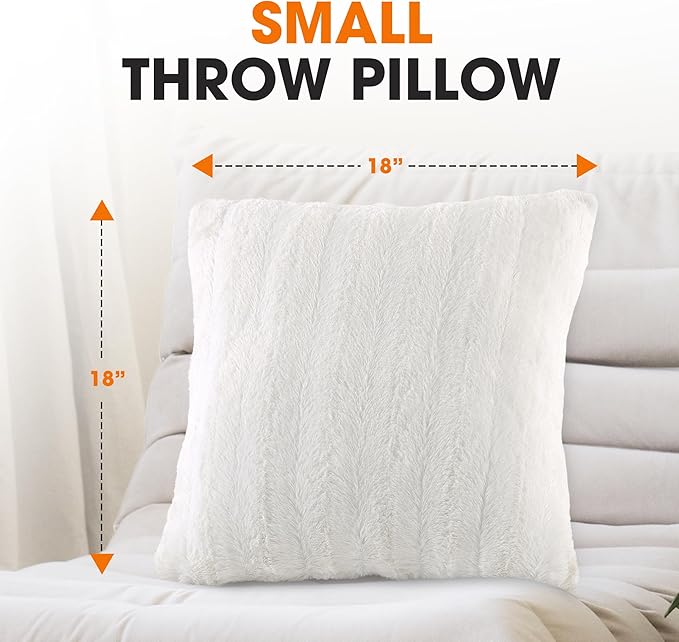 Cheer Collection Faux Fur Throw Pillows - Decorative Pillows for Couch, Bed Throw Pillows, White Accent Pillows for Bedroom or Living Room Aesthetic, Set of 2 Furry Throw Pillows, 18”x18”