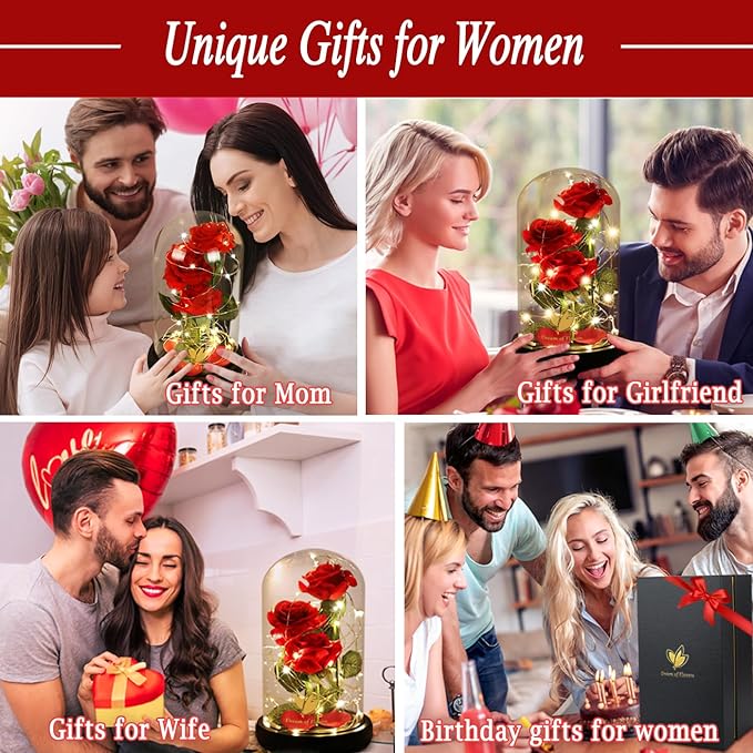 Dream of Flowers Mother Day Enchanted Red Gifts for Mom,Beauty and The Beast Rose in Glass Dome,Anniversary Rose Gifts for Wife,Birthday Gifts for Women,Romantic Red Silk Rose Flower Gifts for Women