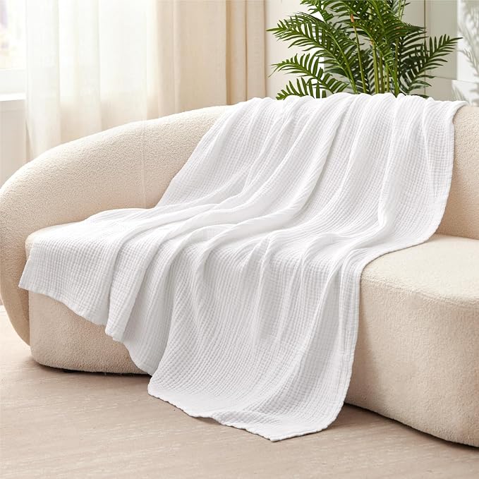 100% Cotton Muslin Blanket Twin 60" x 80", Breathable and Lightweight Cotton Twin Blankets for Couch, Soft Cooling Summer Gauze Blanket for Adults All Season, White