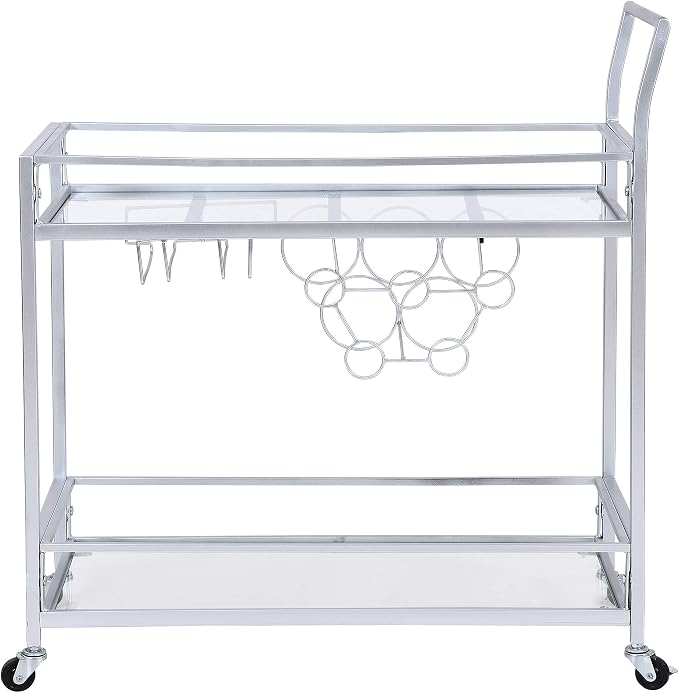 FirsTime & Co. Silver Delilah Bar Cart, 2 Tier Mobile Mini Bar, Kitchen Serving Cart and Coffee Station with Storage for Wine and Glasses, Metal and Glass, Modern