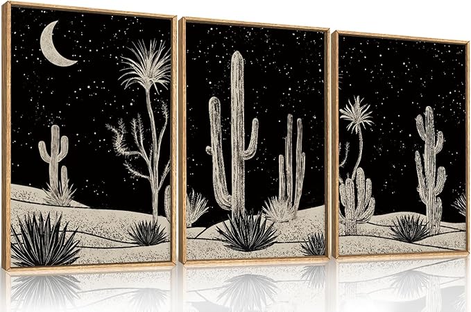 DRACIT Desert Night Cactus Framed Canvas Wall Art Set,Southwestern Black and White Landscape Wall Decor,Rustic Wooden Mid Century Boho Moon Artwork for Living Room,Bedroom-16 x24 x3