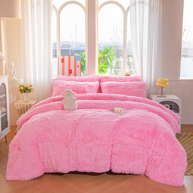 chovy Faux Fur Plush Pink Comforter Sets King - Ultra Soft Shaggy Flannel Velvet Fluffy Fuzzy 3PC Bedding Set （Comforter x 1 Pillowcases x 2）