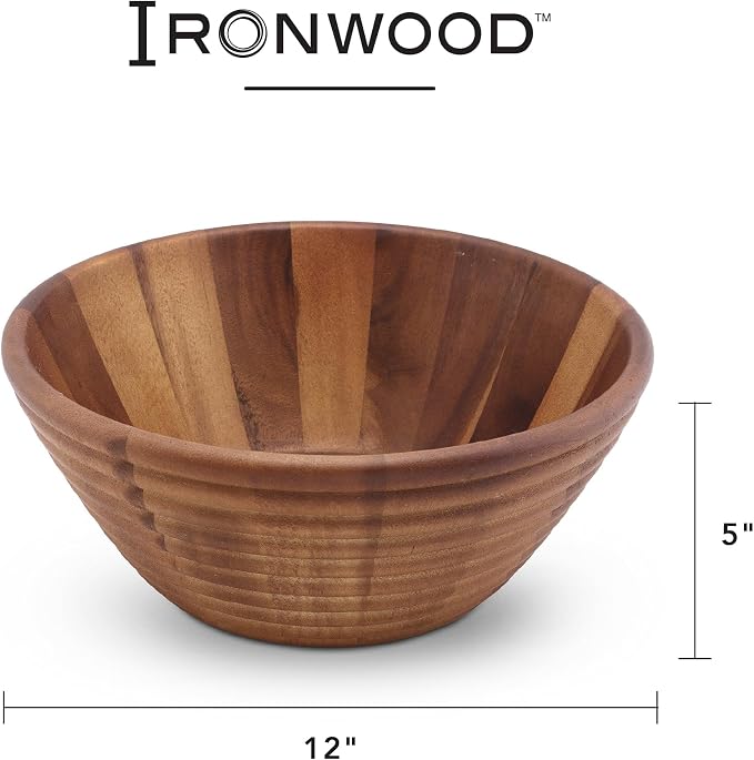 Ironwood Gourmet Acacia Wood Salad Bowl, Large 12" x 5" Beehive Style Fruit and Salad Serving Bowl
