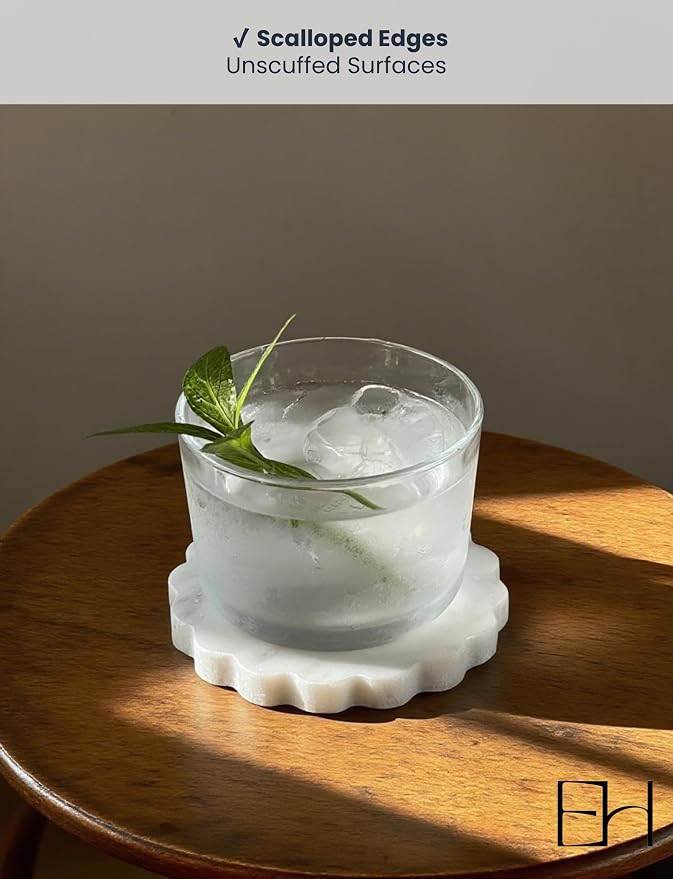 Marble Coasters Set of 4, Handcrafted Drink Protectors,Natural Stone Coaster Bar & Table Decor, Modern Desk Aesthetic Accessories, Non-Slip Luxury Gift (Calacatta White Wave Scalloped)