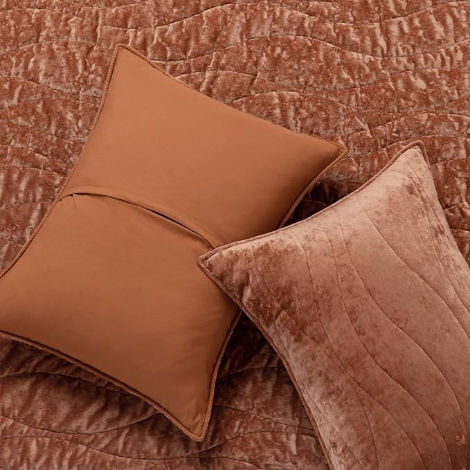 EverGrace Luxury Velvet Quilt King Size, Ultra Soft Wave Crushed Velvet Bedding Set, Lightweight Quilted Comforter Set for All Season, Oversized Bedspread Coverlet with 2 Shams, Burnt Orange