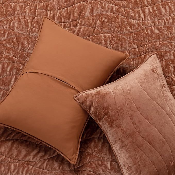 EverGrace Luxury Velvet Quilt Queen Size, Ultra Soft Wave Crushed Velvet Bedding Set, Lightweight Quilted Comforter Set for All Season, Oversized Bedspread Coverlet with 2 Shams, Burnt Orange
