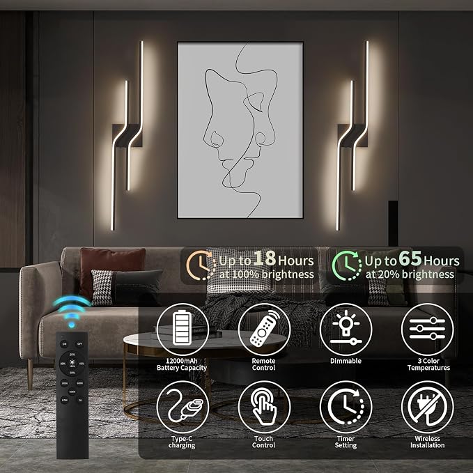 Battery Operated Wall Sconces Set of Two,31.5 Inch Modern Wireless Wall Lights for Living Room,12000mah Rechargeable Black Wall Sconces with Remote,Dimmable LED Wall Lamps for Bedroom,Hallway